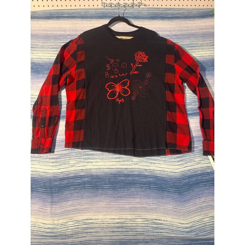 Upcycled Flannel Hybrid Tee Boxy Black Red Buffalo Plaid Rose Graphic Womens XL